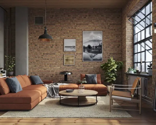 Soggiorno con divano arancione, tavolino rotondo e poltrona in legno. Pareti in mattoni a vista e grande finestra definiscono l'arredamento industrial chic.