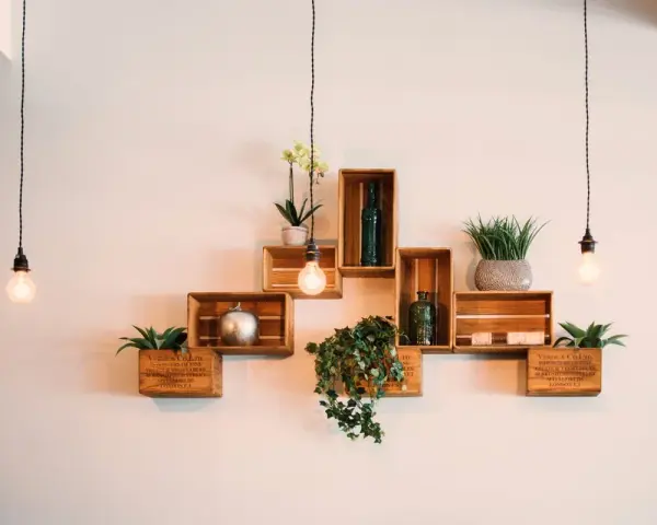 Come posizionare i cubi a muro: una composizione creativa con piante, bottiglie e decorazioni su mensole di legno.