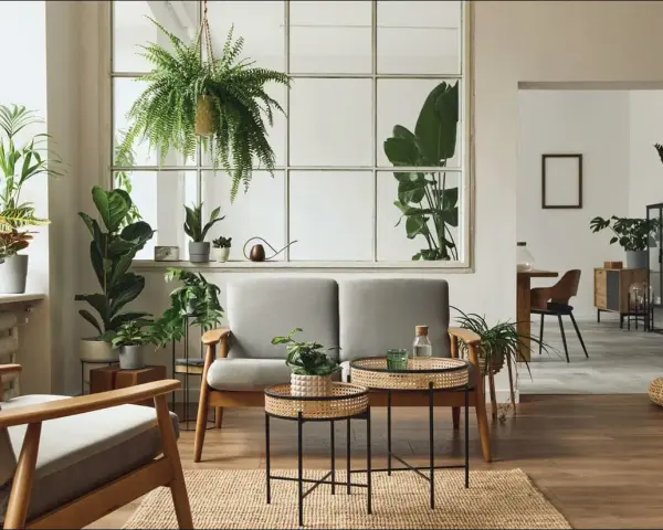 Salotto con divano grigio, poltrone in legno e tante piante. Un angolo che evoca uno stile jungle chic, con un'atmosfera rilassante e naturale.