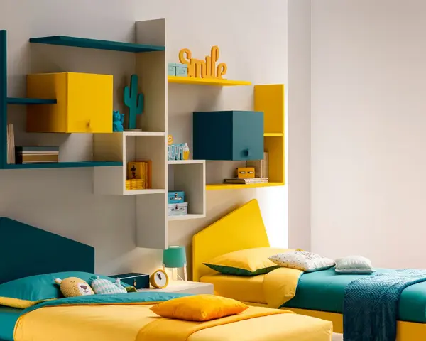 Idee angolo giochi in salotto: due letti colorati, mensole con decorazioni e contenitori, perfetti per una stanza vivace.
