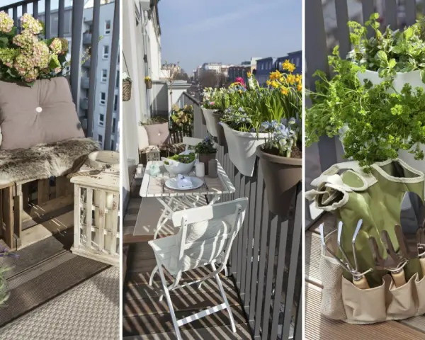 Idee per arredare balcone piccolo e stretto: un angolo relax con cuscini e pelliccia, un tavolino da esterno con fiori primaverili e un pratico set da giardinaggio.