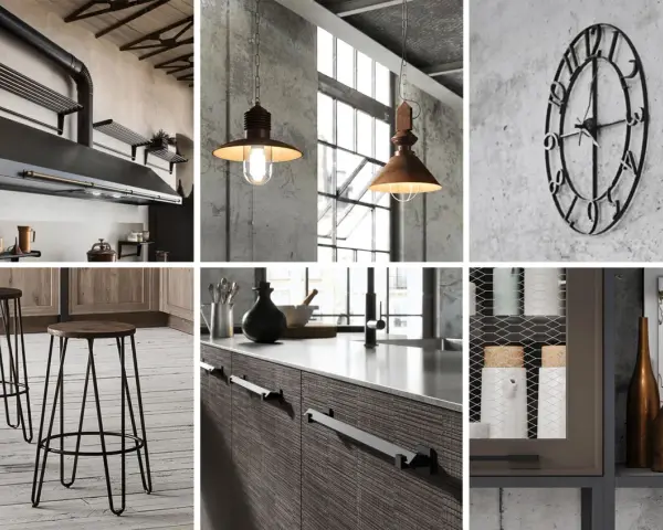 Arredamento industrial: cappa in metallo, lampade a sospensione, orologio da parete, sgabelli e dettagli di cucina.