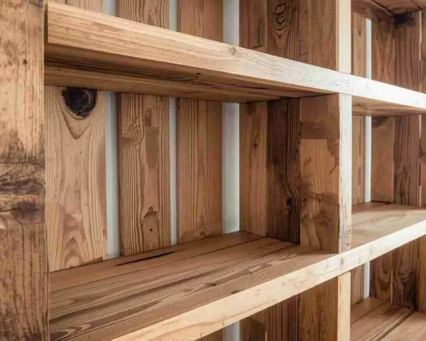 Libreria fai da te in legno grezzo, con ripiani e divisori realizzati con pallet riciclati.