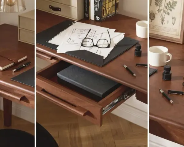 Idee organizzazione scrivania: taccuini in pelle, penne, occhiali e disegni su una scrivania in legno scuro.