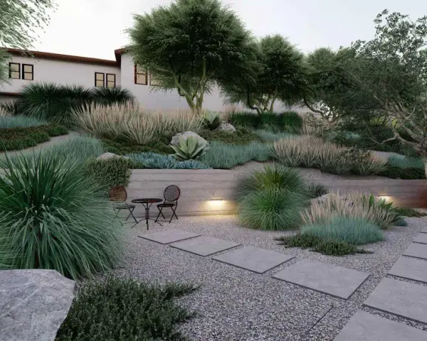 Giardino moderno con ghiaia, piante ornamentali e un piccolo tavolo. Idee giardino con ghiaia per un'oasi di pace.