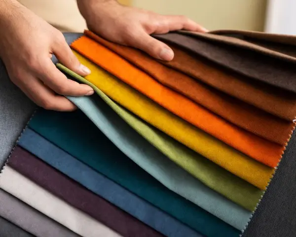 Mani che sfogliano campioni di tessuti per divani: una gamma di colori vibranti dal blu al marrone, passando per verdi, gialli e arancioni.