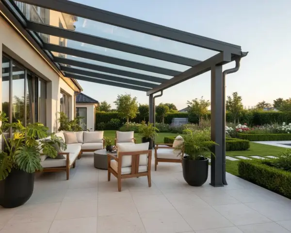 Moderne idee portico entrata casa esterno: un'oasi di relax con divani, poltrone e piante sotto una tettoia in vetro.