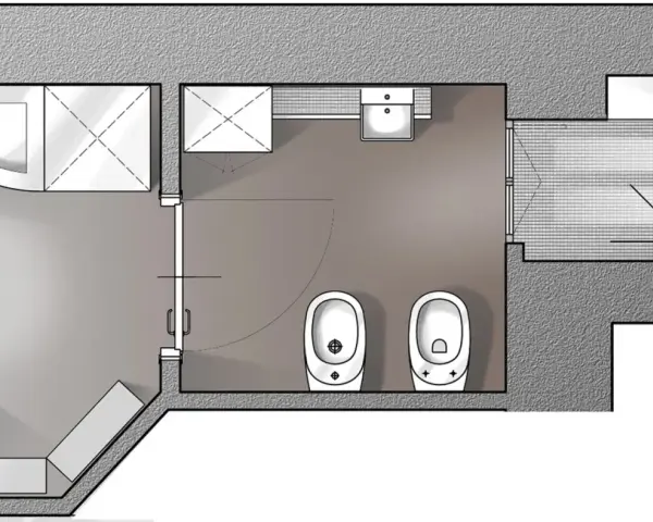 Pianta di un bagno con doccia, lavabo, due WC e un bidet, che illustra le misure minime antibagno.