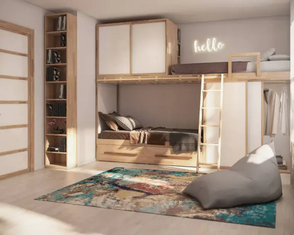 Letto a soppalco fai da te con armadio integrato, libreria e un accogliente sacco a pelo.