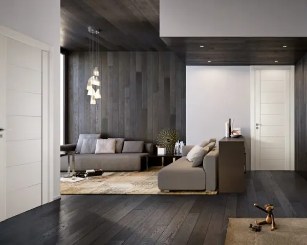 Interni moderni con infissi marroni e porte bianche. Un salotto accogliente con divani grigi, tappeto beige e un'elegante lampada a sospensione.
