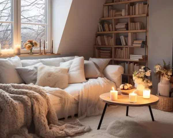 Un accogliente salotto con camino acceso, divano bianco e coperte morbide. Un'atmosfera da **casa aesthetic** perfetta per rilassarsi.