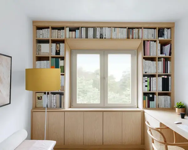 Una libreria a ponte in legno chiaro incornicia una finestra, con libri ordinati e un'area studio funzionale.