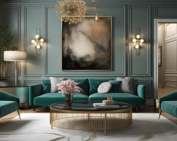 Elegante soggiorno con divano verde smeraldo, poltrone, tavolino dorato e un quadro astratto. L'arredamento vintage casa crea un'atmosfera sofisticata.