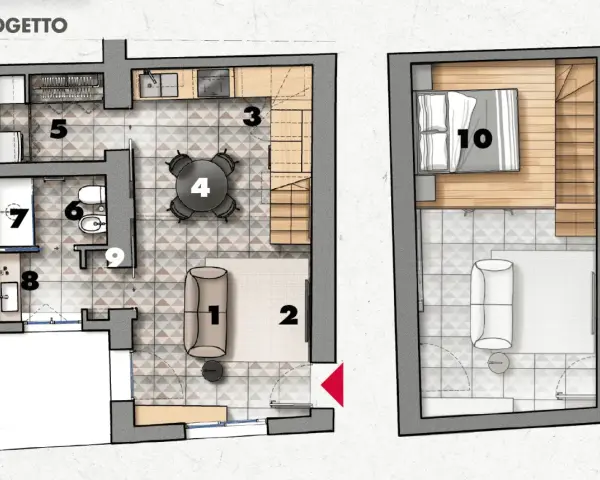 Pianta di un monolocale di 20 mq: zona giorno con divano (1) e tappeto (2), cucina (3), tavolo da pranzo (4), bagno (6, 7, 9), camera da letto soppalcata (10).