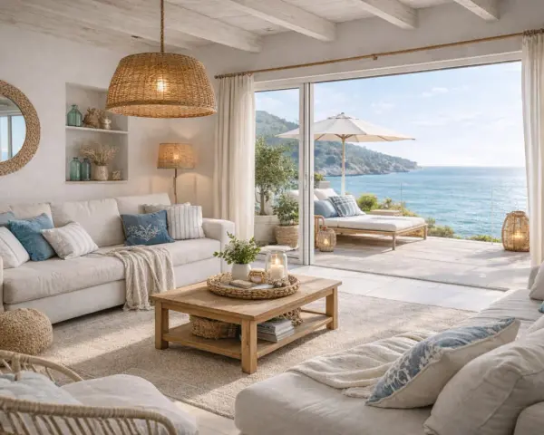 Accogliente salotto casa al mare con divani chiari, tavolino in legno e vista panoramica sull'oceano.