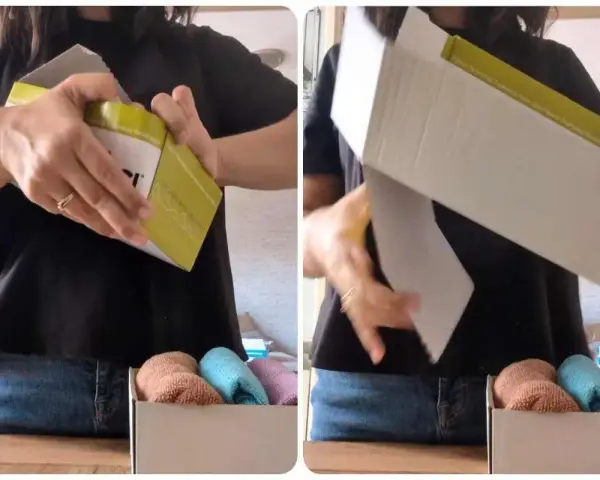 Come sistemare le scarpe con le scatole: una persona apre una scatola, rivelando un interno organizzato con calzini piegati.