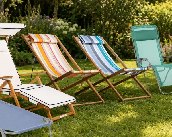 Diversi sdraio da giardino lettino colorati e bianchi, disposti sull'erba verde, pronti per il relax estivo.