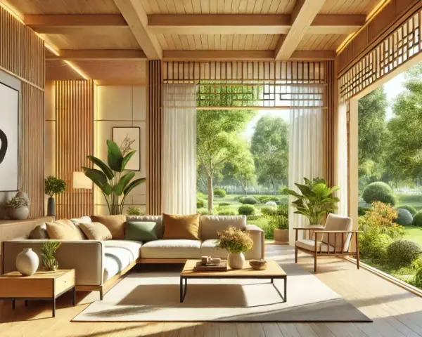 Soggiorno luminoso con divano angolare, tavolino in legno e vista su un giardino rigoglioso. L'arredamento feng shui crea un'atmosfera serena e armoniosa.