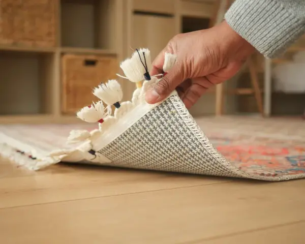 Mano che solleva un tappeto per mostrare il suo retro antiscivolo, perfetto per progetti fai da te e per evitare che scivoli.