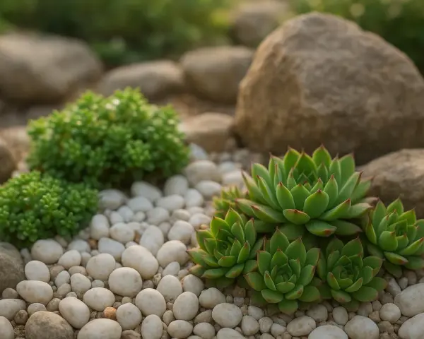 Aiuola piante grasse con rocce e ciottoli bianchi. Le succulente verdi spiccano tra i sassi.
