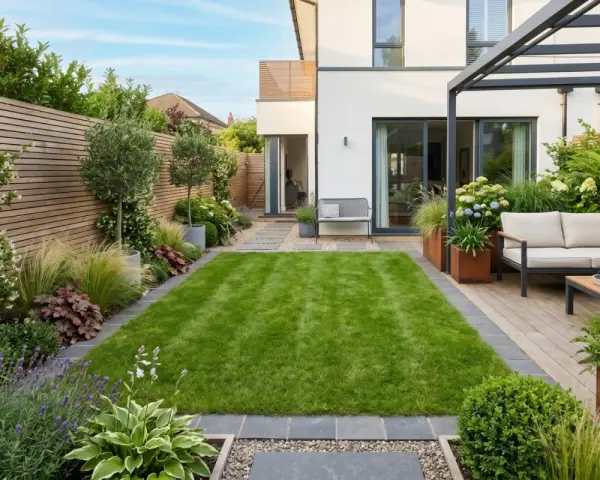 Un giardino moderno per una villetta, con prato verde, arredi esterni e piante rigogliose. Un progetto giardino villetta ben riuscito.