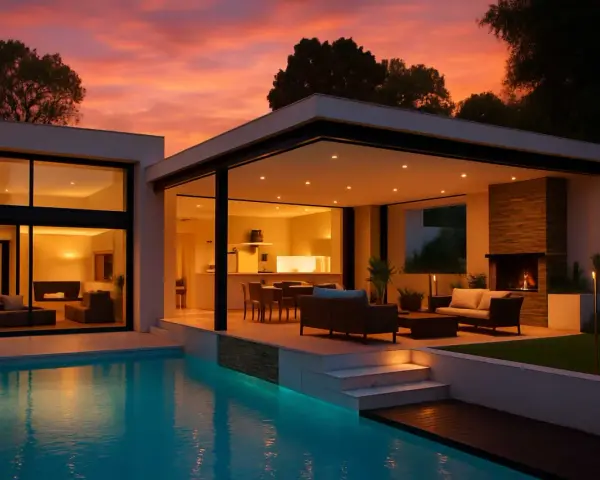 Un tramonto infuocato illumina queste case bellissime con piscina, camino e arredi esterni.