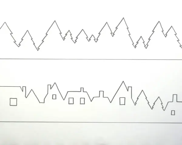 Disegni stilizzati di alberi di Natale e case con finestre quadrate, evocano un'atmosfera natalizia.