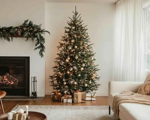 Un albero di Natale come addobbarlo: luci calde, palline dorate e regali sotto. Un camino acceso e una ghirlanda completano l'atmosfera festiva.