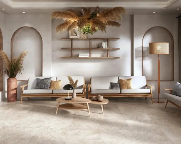 Soggiorno con divani in legno e tessuto, tavolini in legno, piante di pampas e lampada in rattan. Stili di arredamento contemporaneo con archi in nicchia.
