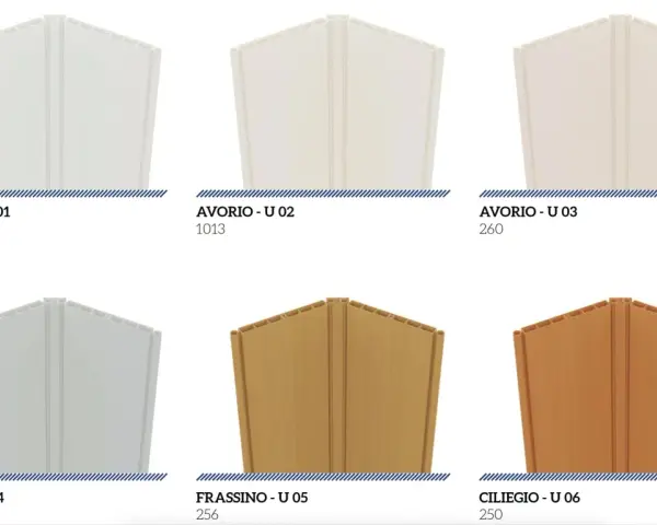 Sei pannelli di porta a soffietto in diverse colorazioni: bianco, avorio, grigio, frassino e ciliegio.