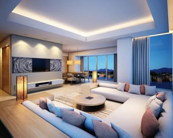 Luminoso soggiorno con divano angolare, tavolo da pranzo e splendida vista panoramica. Le **idee controsoffitto** con illuminazione integrata creano un'atmosfera accogliente.