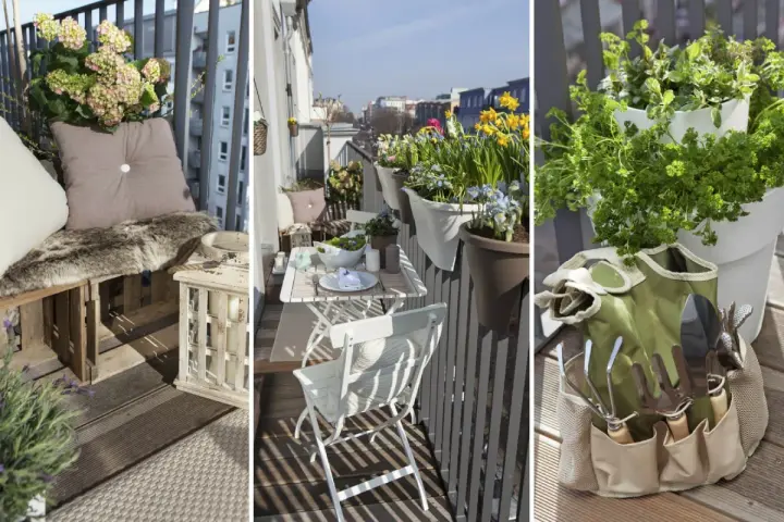 Idee per arredare balcone piccolo e stretto: un angolo relax con cuscini e pelliccia, un tavolino da esterno con fiori primaverili e un pratico set da giardinaggio.