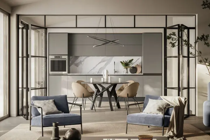 Spazio aperto con cucina moderna e zona relax, dove la cucina e camera da letto insieme creano un ambiente unico e funzionale.