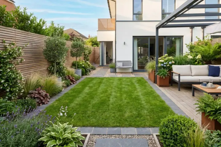 Un giardino moderno per una villetta, con prato verde, arredi esterni e piante rigogliose. Un progetto giardino villetta ben riuscito.