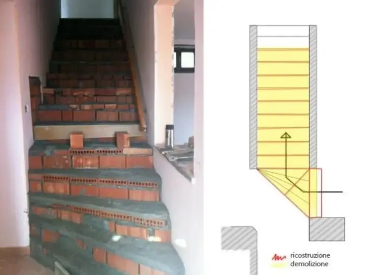 Fase di lavoro per modificare una scala interna in muratura, con mattoni a vista e progetto schematico.