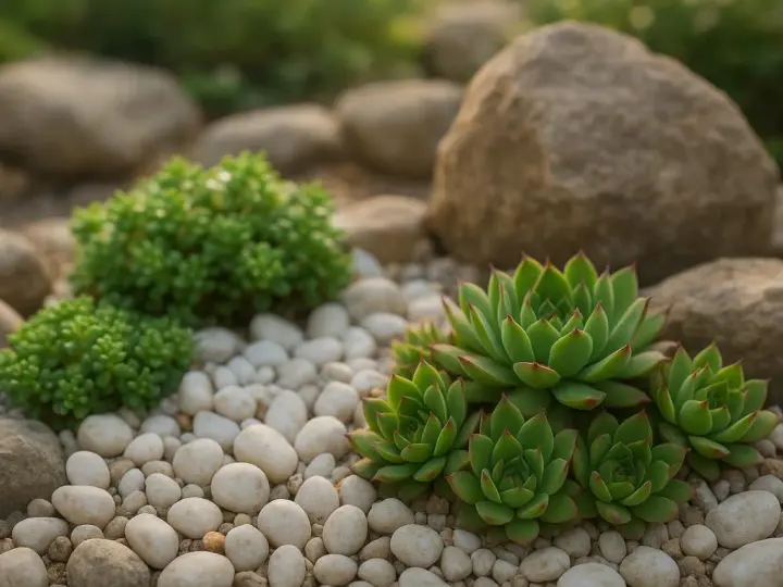 Aiuola piante grasse con rocce e ciottoli bianchi. Le succulente verdi spiccano tra i sassi.
