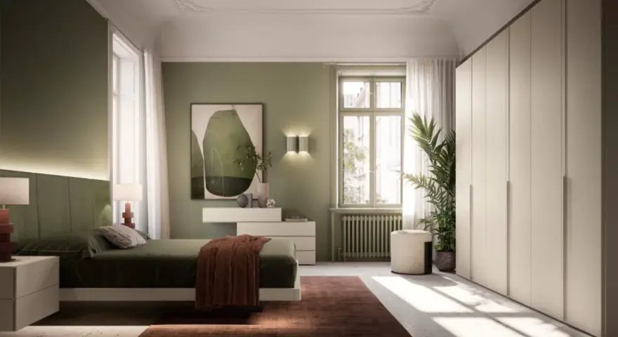 Camera da letto con pareti verdi e un letto accogliente. L'arredamento verde crea un'atmosfera rilassante, con un quadro astratto e un grande armadio bianco.