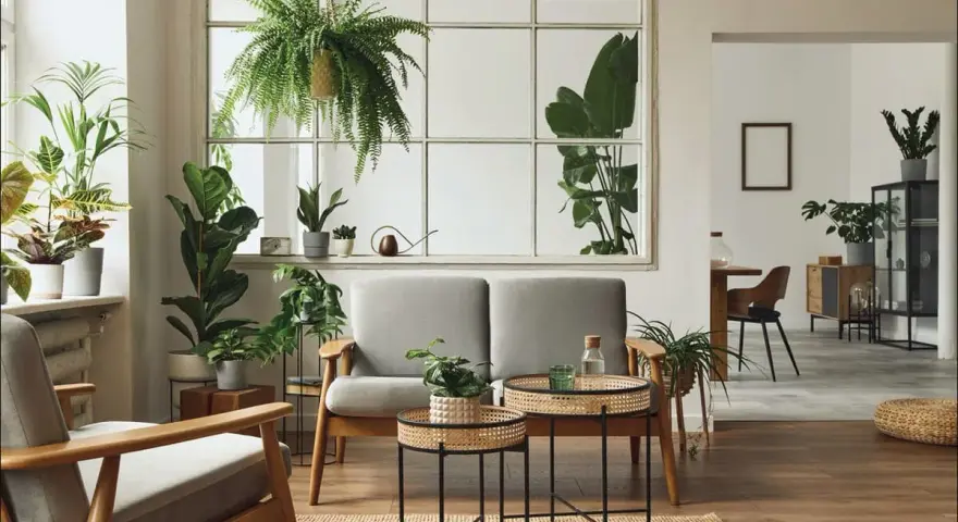 Salotto con divano grigio, poltrone in legno e tante piante. Un angolo che evoca uno stile jungle chic, con un'atmosfera rilassante e naturale.