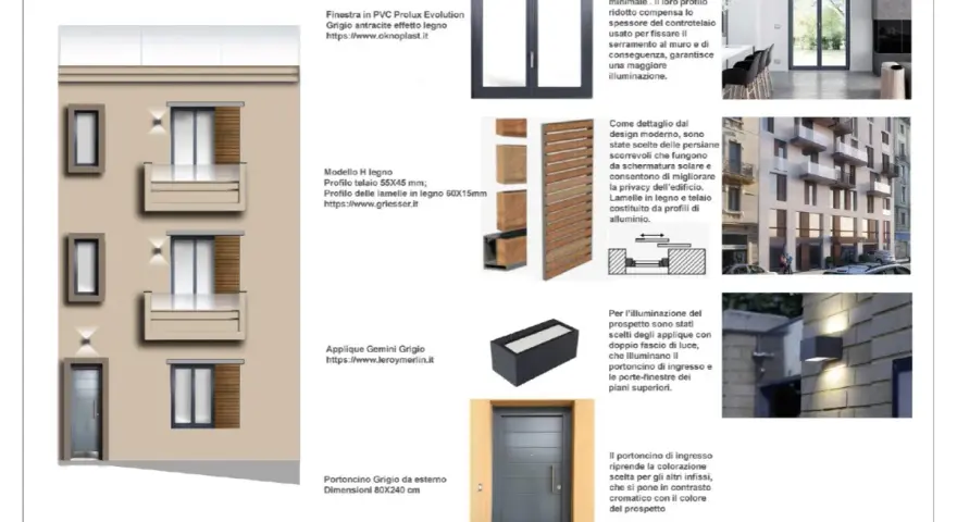 Facciate case esterne con infissi moderni, portoncini e applique luminosi.
