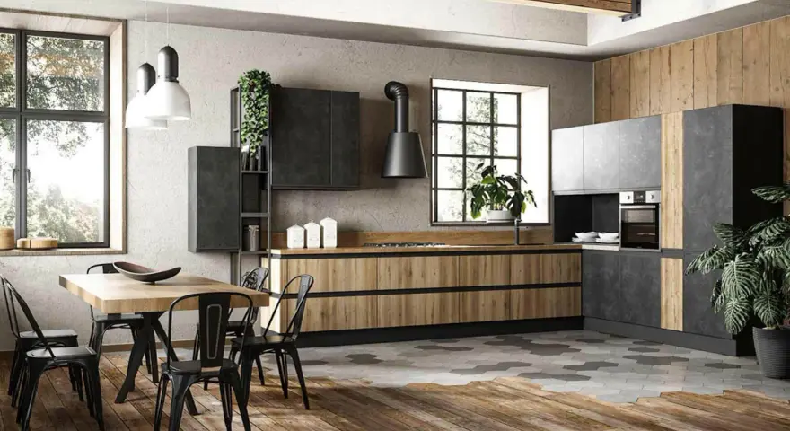 Cucina moderna con un accogliente stile industriale casa. Legno, metallo e cemento si fondono in un ambiente di design.