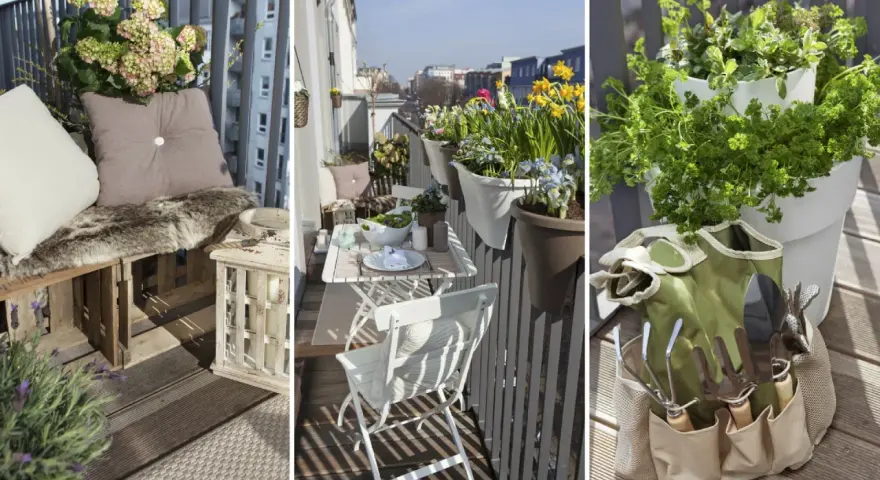 Idee per arredare balcone piccolo e stretto: un angolo relax con cuscini e pelliccia, un tavolino da esterno con fiori primaverili e un pratico set da giardinaggio.