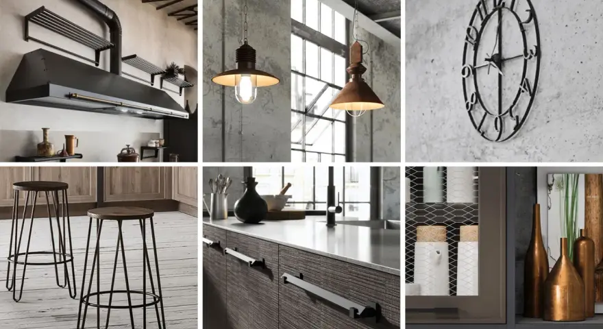 Arredamento industrial: cappa in metallo, lampade a sospensione, orologio da parete, sgabelli e dettagli di cucina.