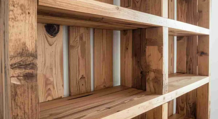 Libreria fai da te in legno grezzo, con ripiani e divisori realizzati con pallet riciclati.