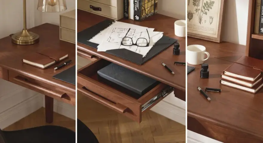 Idee organizzazione scrivania: taccuini in pelle, penne, occhiali e disegni su una scrivania in legno scuro.