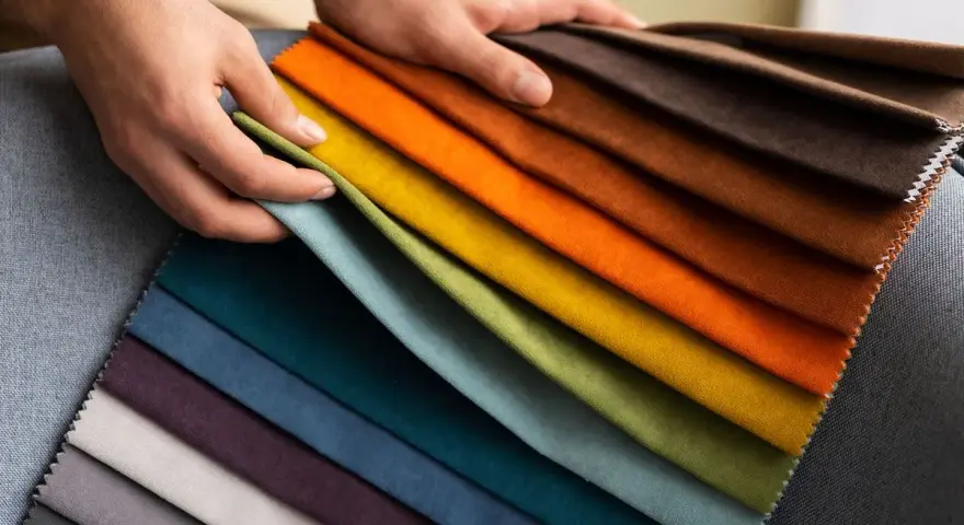 Mani che sfogliano campioni di tessuti per divani: una gamma di colori vibranti dal blu al marrone, passando per verdi, gialli e arancioni.
