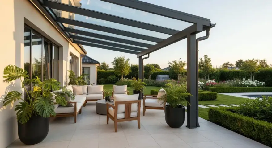 Moderne idee portico entrata casa esterno: un'oasi di relax con divani, poltrone e piante sotto una tettoia in vetro.