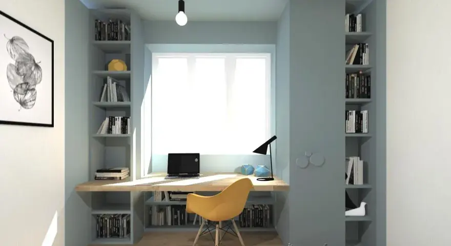 Accogliente stanza studio con una lunga scrivania, sedia gialla e una libreria a muro piena di libri.