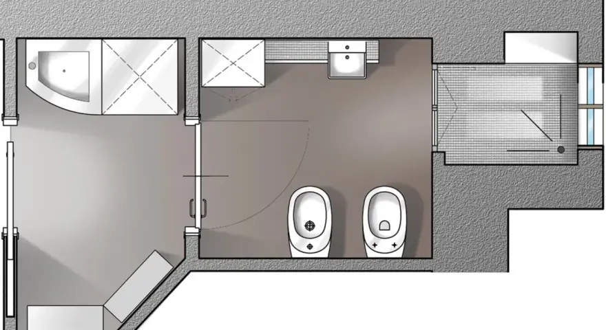 Pianta di un bagno con doccia, lavabo, due WC e un bidet, che illustra le misure minime antibagno.