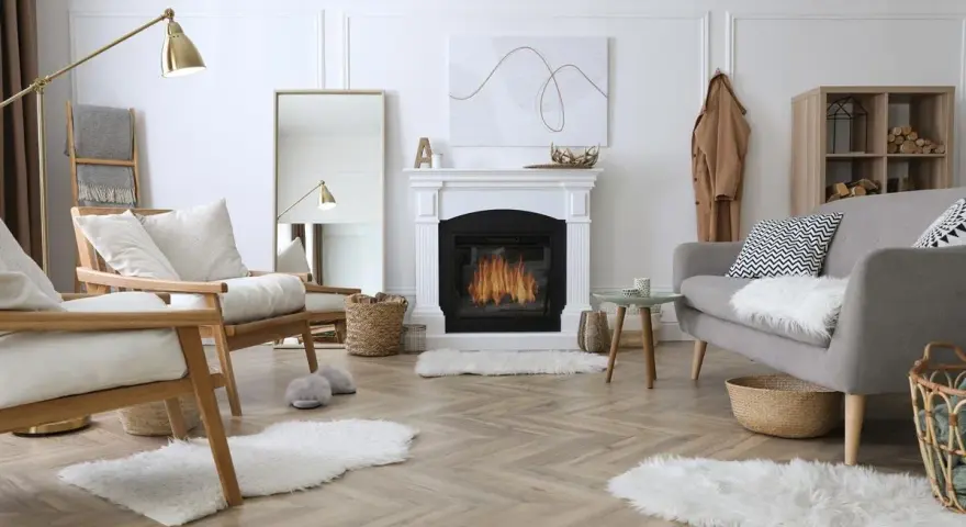 Un soggiorno accogliente con camino acceso, poltrone in legno, divano grigio e tappeti soffici. Perfetto per una casa cozy.