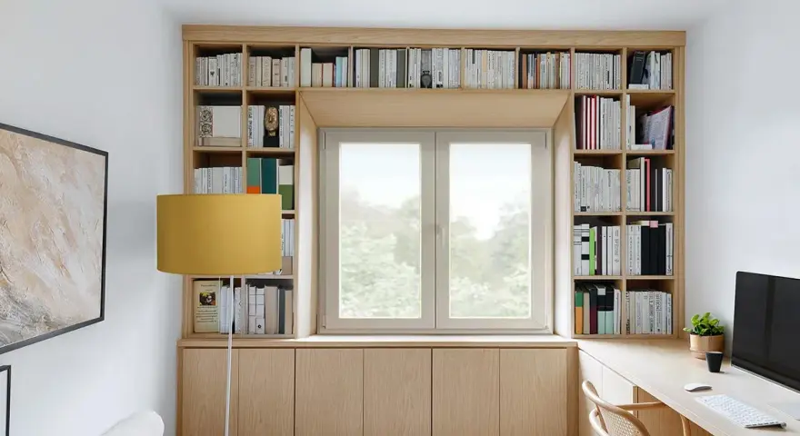 Una libreria a ponte in legno chiaro incornicia una finestra, con libri ordinati e un'area studio funzionale.
